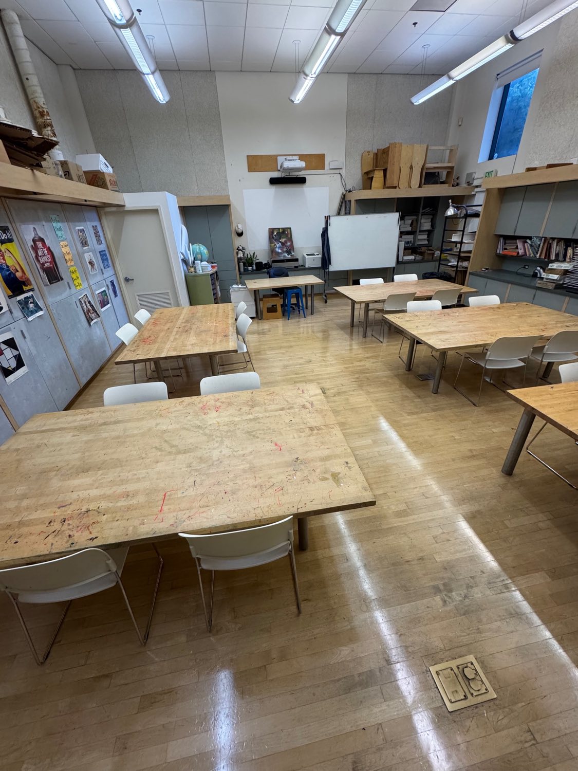School art studio with a cleaned and polished hardwood floor