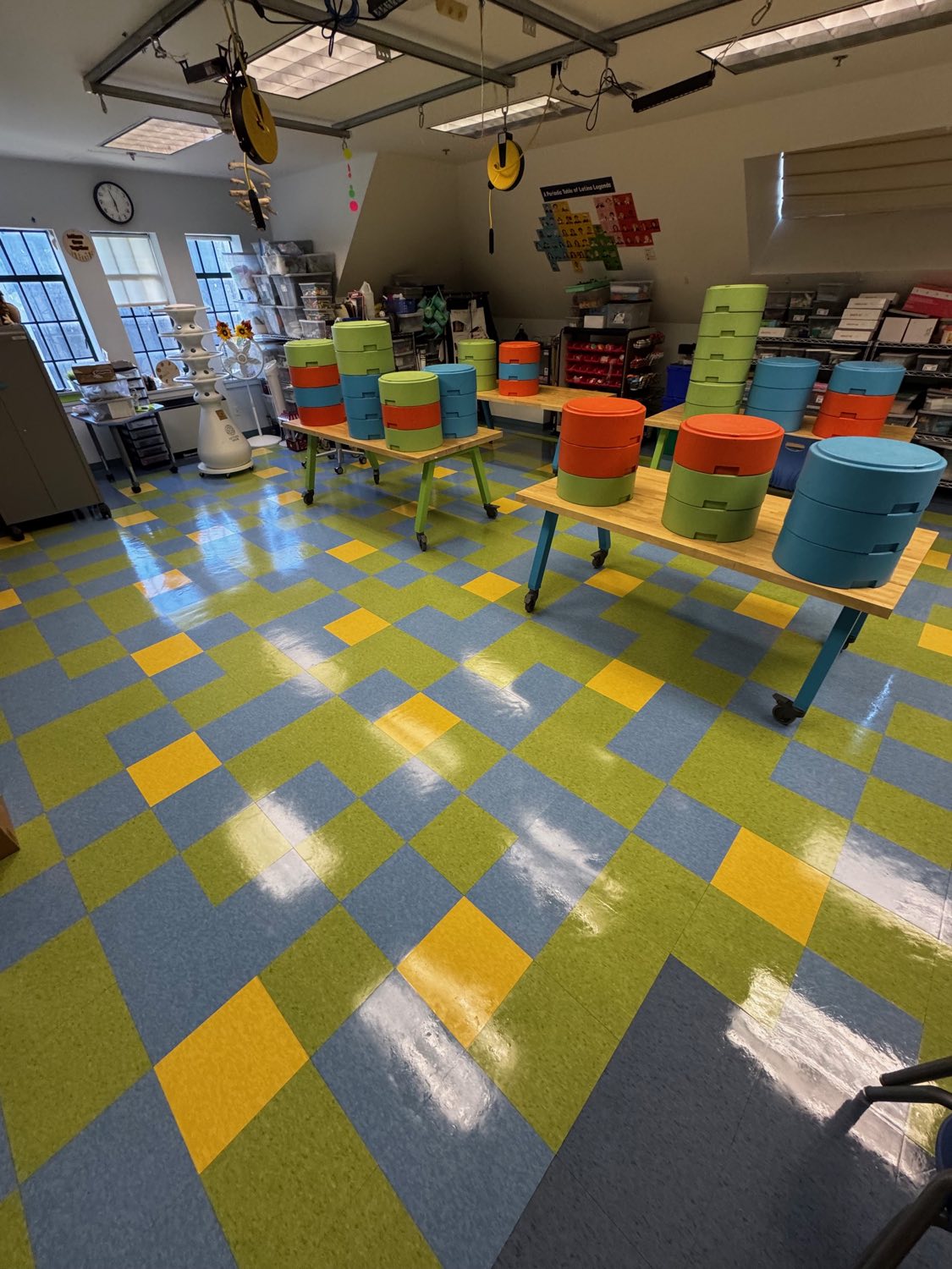 Colorful checkered VCT classroom floor with a fresh wet-look finish