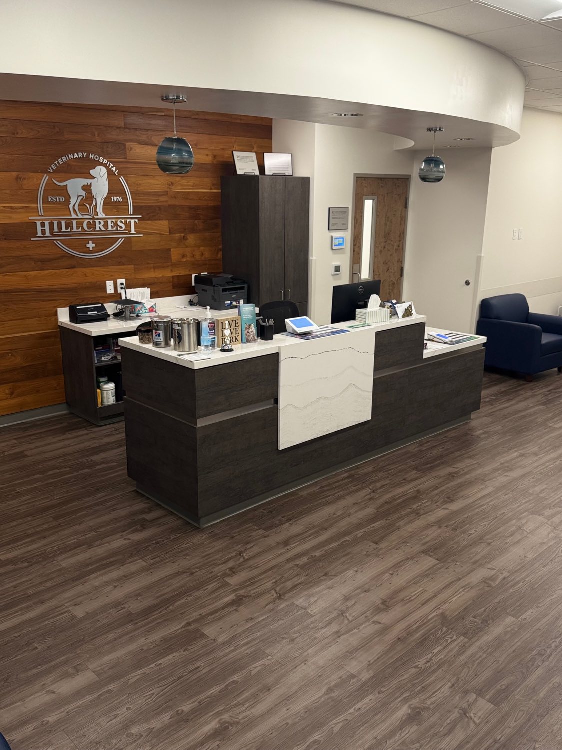 Veterinary hospital reception lobby with cleaned wood-look floors